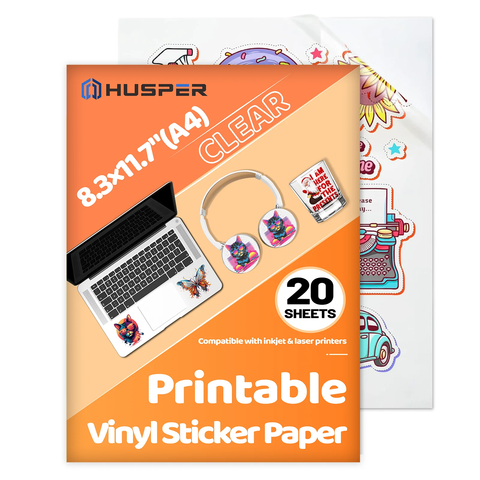 

HUSPER 20 Sheets Clear Vinyl Sticker Paper - A4 (8.3×11.7 inch) Non-Waterproof Label Paper, Clear Inkjet Printing Sticker Paper