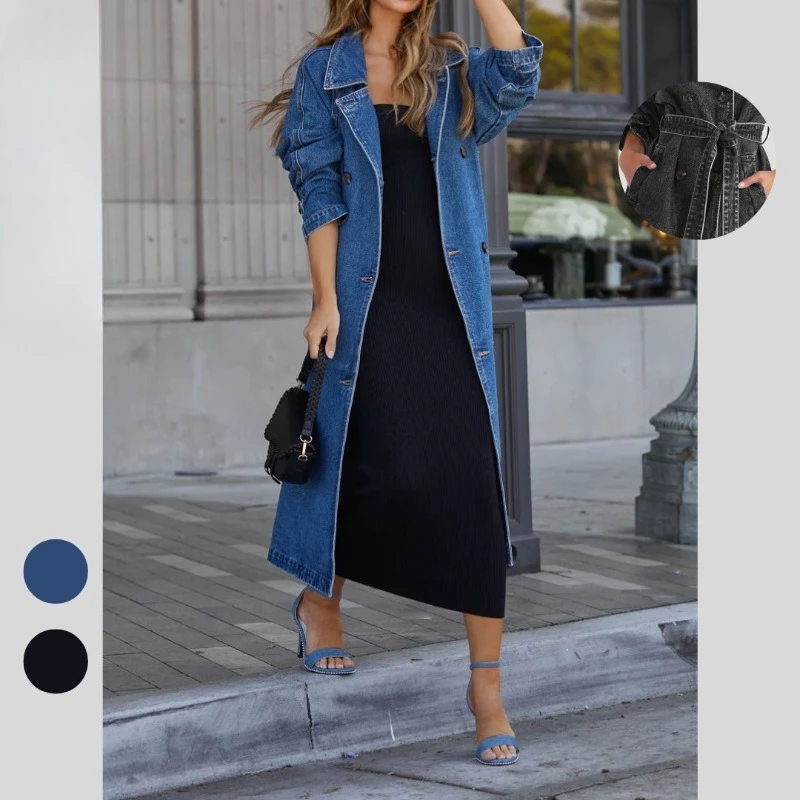 

Ins новый женский плащ в европейском и американском стиле, джинсовый хлопковый однотонный мешок с двойной вставкой, свободная куртка с длинной пряжкой