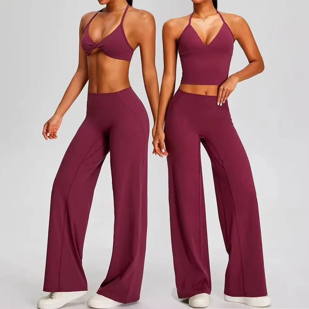 Women's 2 Piece Yoga Set Gym Clothing Fitness Suit Running Workout Tracksuit Sportswear Outfits Halter Twist Bra Wide Leg Pants