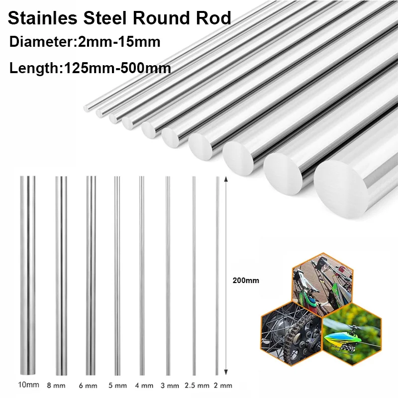 

1-5pcs 304 Stainless Steel Rod Diameter 2mm-14mm Linear Shaft Round Rod Ground Rod 125/200/250/330/500mm Long