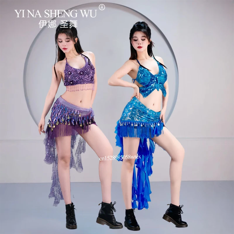المرأة مثير اللاتينية ملابس رقص مجموعة الرقص الشرقي ممارسة المحاصيل الأعلى ووشاح الورك 3 قطعة مجموعة الكبار Kpop بار نادي الأداء الزي