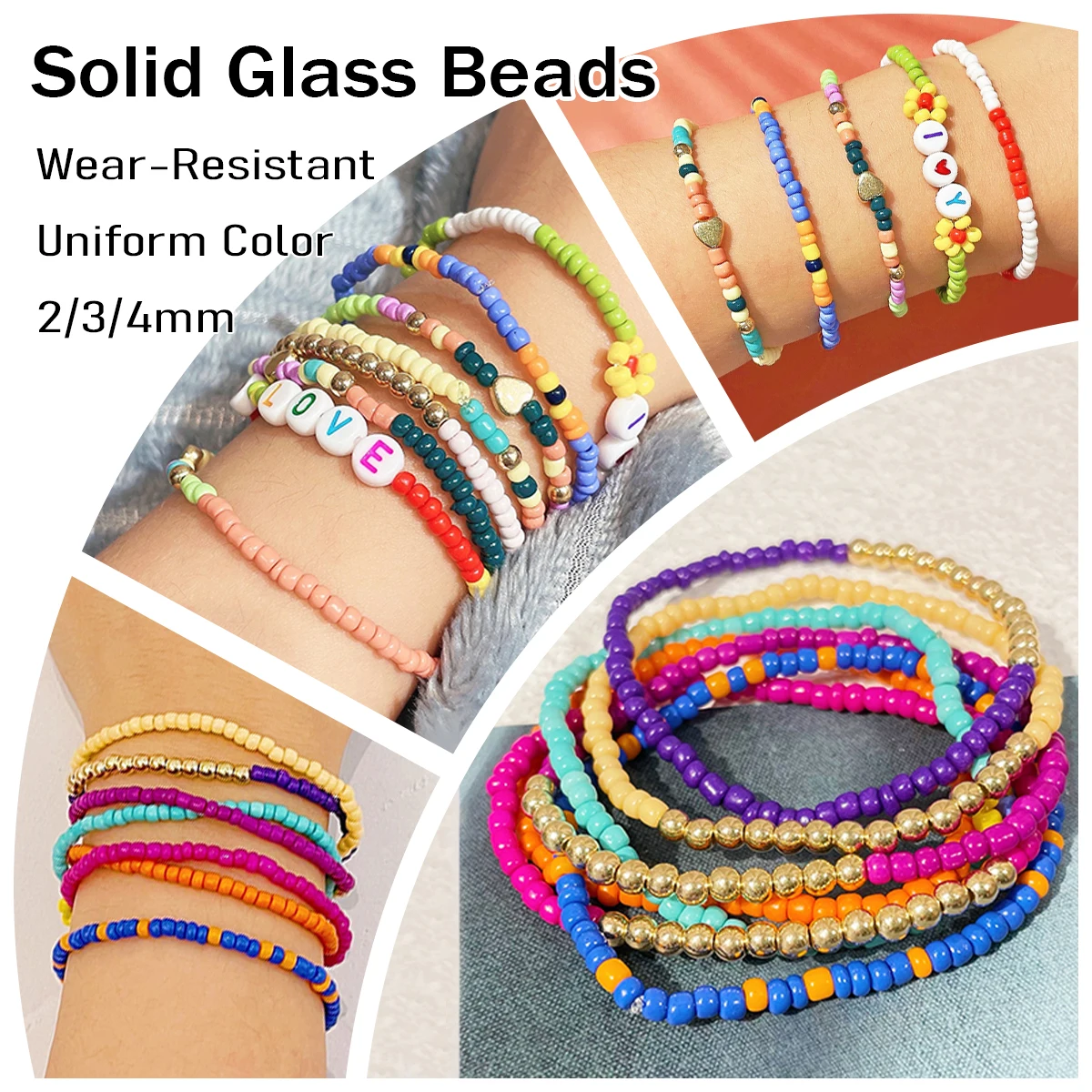 2/3/4mm Uniform Color Wear-Resistant Solid Glass Rice Beads - DIY Jewelry Making (Bracelet/Necklace/Craft)