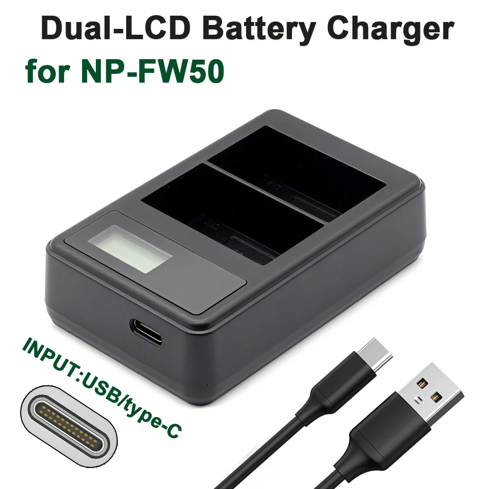 NP-FW50 Dual-Slot LCD USB Charger Is Suitable for Sony Alpha A6000, A6300, A6400, A6500, A7, A7 II, A7R, A7R II, Cameras, Etc.