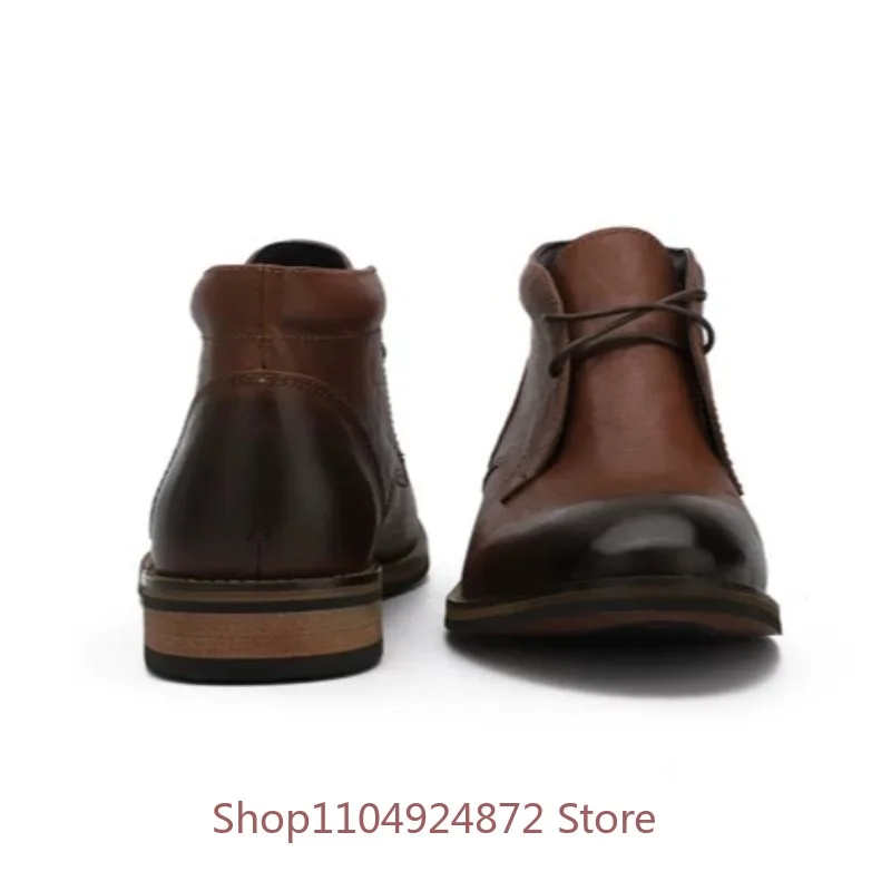 Handmade Ankle Boots Men's Shoes High Top British Style Genuine Leather Round Toe Cowboy Lace Up Trendy Business Chelsea Boots