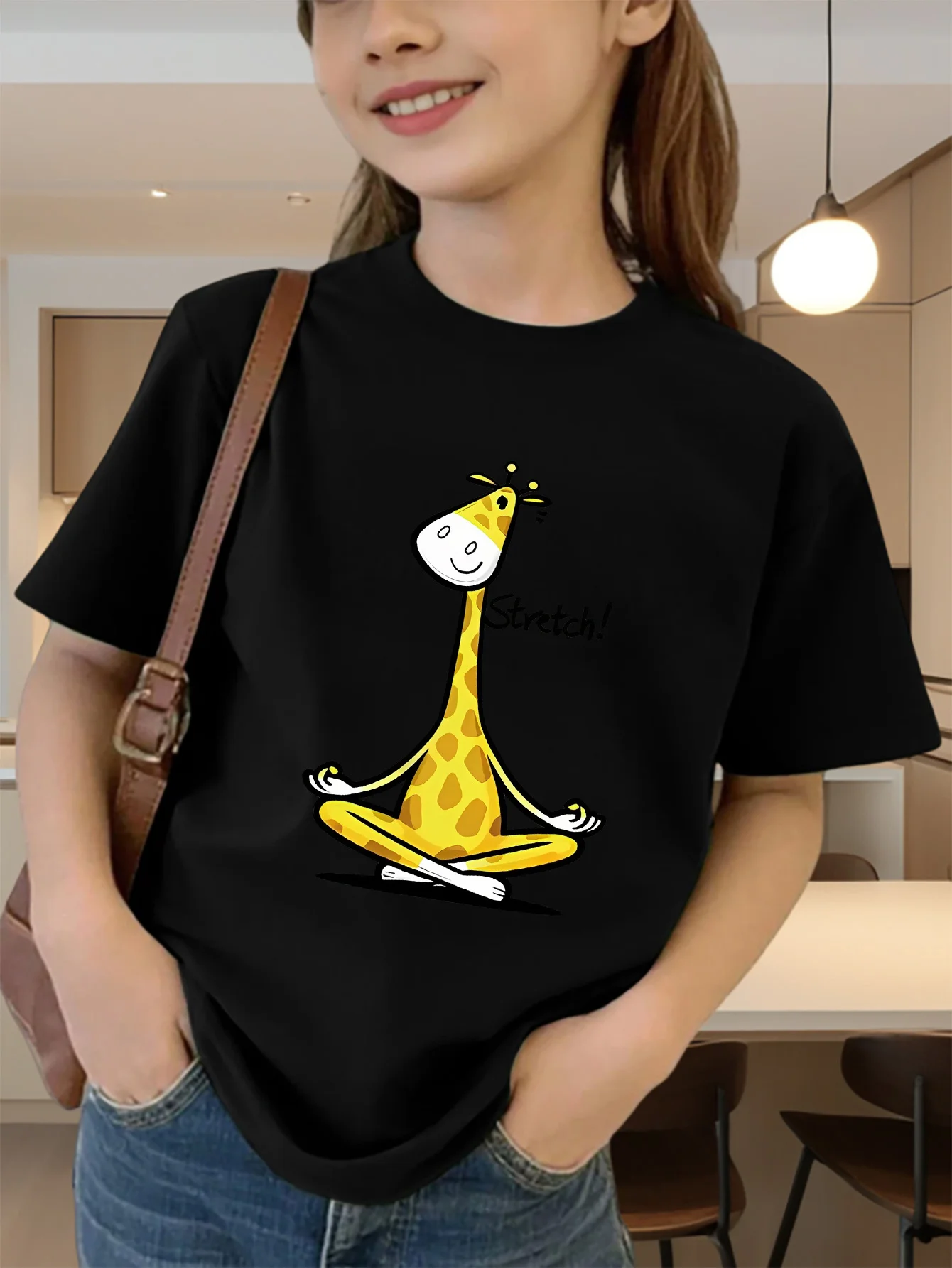 Cute Yoga Giraffe Stretch Letter Print Graphic Kids Tee Boys Girls Family Matching Cotton Crew Neck Short Sleeve Soft Summer Tee