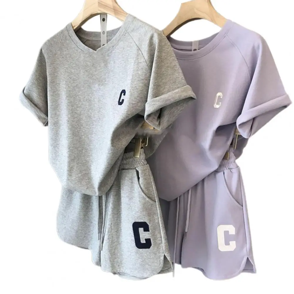 2 Pcs/Set Lady Tracksuit Short Sleeves Women Summer Tracksuit Letter Women Summer Outfit Round Neck Pockets Lady Summer Outfit