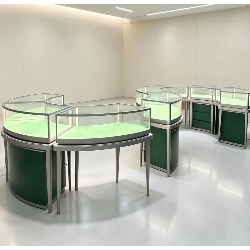 custom.Interlocking Fan Segment Curved Illuminated Jewel Vitrine Custom Circular  Glass Display Island With  Green Base