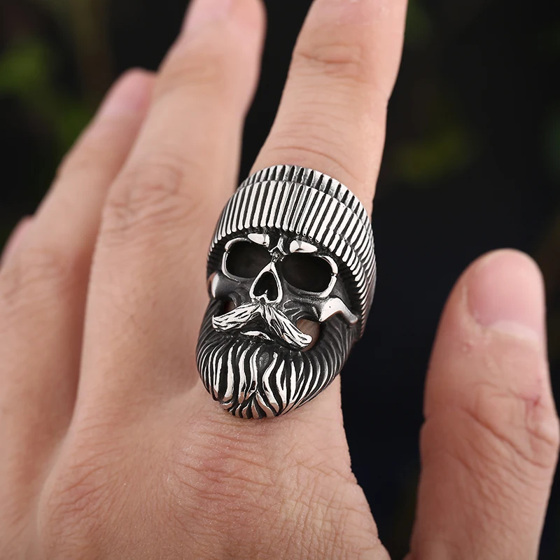 Gothic Vintage 316L Stainless Steel Cool Locomotive Old Man Skull Ring Punk Rock Bearded High Quality Jewelry DropshippingOSR463