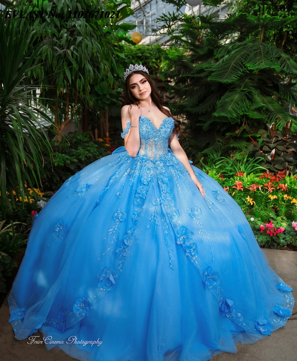 EVLAST-vestido De quinceañera azul De princesa, vestido De baile, apliques florales con cuentas De cristal, corsé De México dulce 16, Vestidos De 15 años SQ733