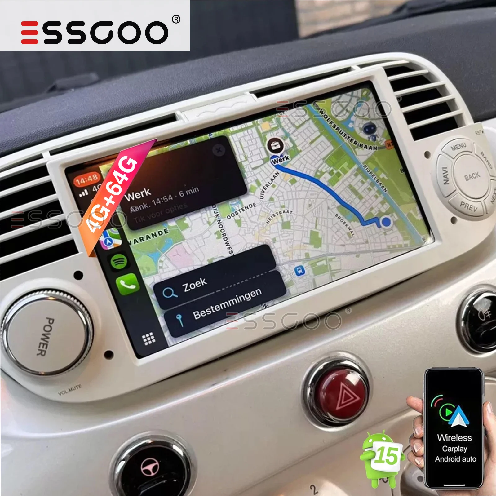 ESSGOO 7" 4+64G Wireless Carplay Android 15 Autoradio für Fiat Abarth 500 2007-2015 Android Auto GPS Navi Wifi BT RDS SWC