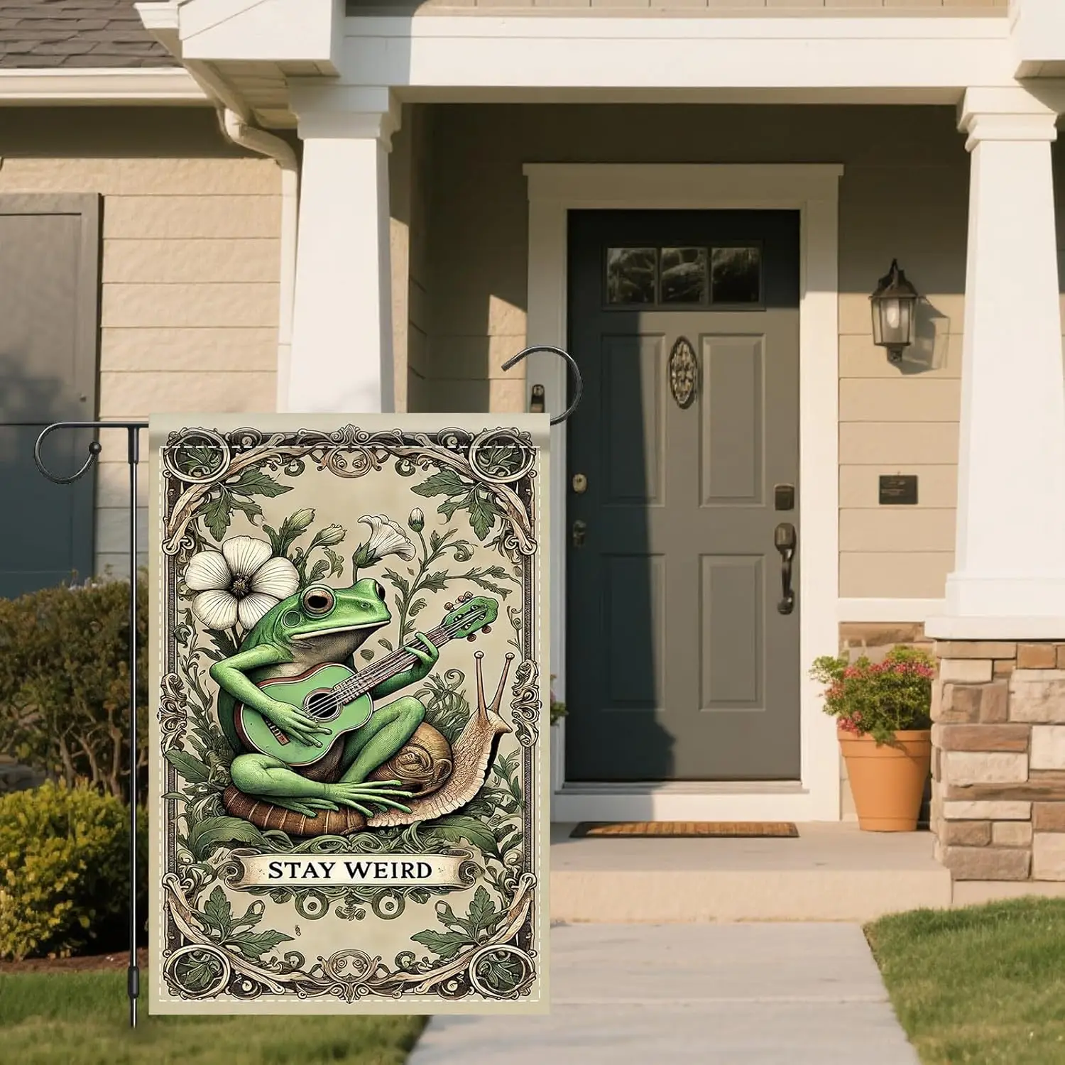Nuxovilar STAY WEIRD Play Guitar Frog Garden Flag, 12x18 Inch Double Sided Frog Garden Flag, Seasonal Welcome Flower Outside LLG