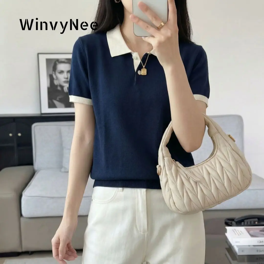 

WinvyNee Women's Spring Summer Cotton Lapel Polo Shirt Color Block Short Sleeve Cool Soft Casual Fashion Basic Top ZA1002030