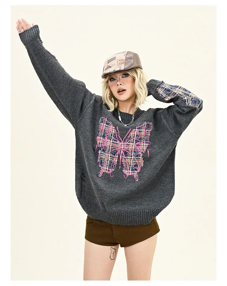 Plaid Butterfly Crew Neck Sweater Women's 2024 Winter New Loose Bf American Lazy Wind Knitted Top image 6