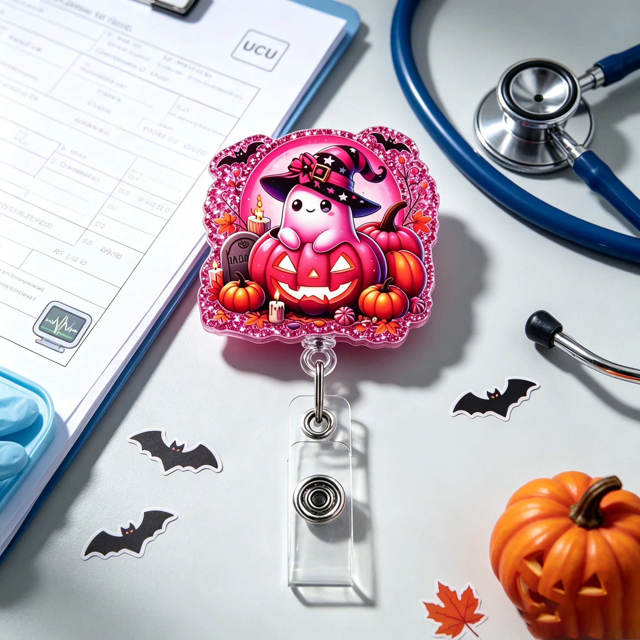 Halloween Cartoon Retractable Badge Reel – Cute Acrylic ID Holder with 360° Swivel Alligator Clip, Nurse Work Gift