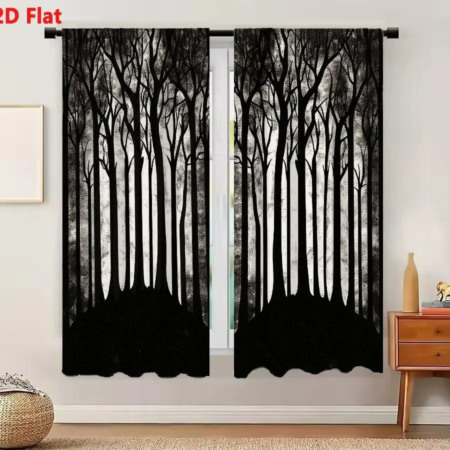 Dramatic Black and White Forest Silhouette Curtain Panels for Living Room Home Decor Window Treatment