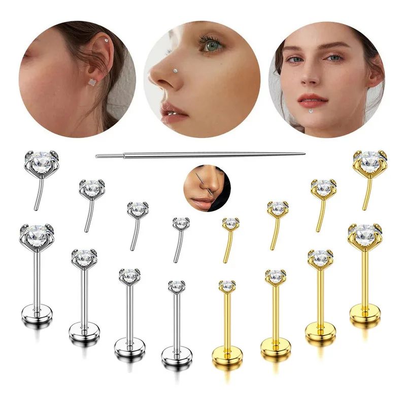 4pcs/lot Gold Color 2/2.5/3/4mm Crystals Lip Ring Sets Lip Stud Plug In Zircon Labret Piercing Cartilage Earring Piercing 18-20G