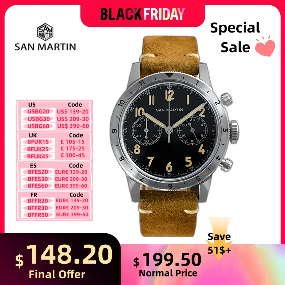 San Martin 39.5mm VK64 Men Speed Chronograph Watch Quartz Wristwatch Vintage C3 Suede Leather Strap Pilot 10Bar Reloj SN0127JS