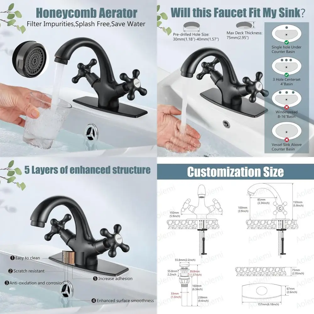 

Oil-Rubbed Bronze Double Handle Deck-Mounted Cross Knob Vanity Sink Faucet with Pop-Up Drain