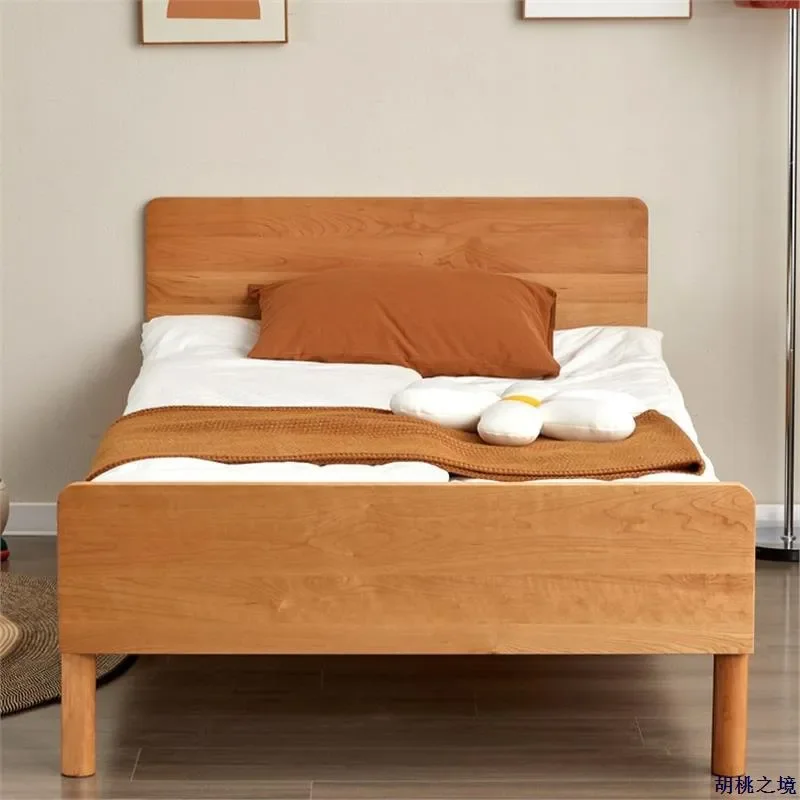 for North American Cherry Wood Kids Bed All Solid Wood Single Bed for Boys Girls Modern Simple Japanese Style High Backrest