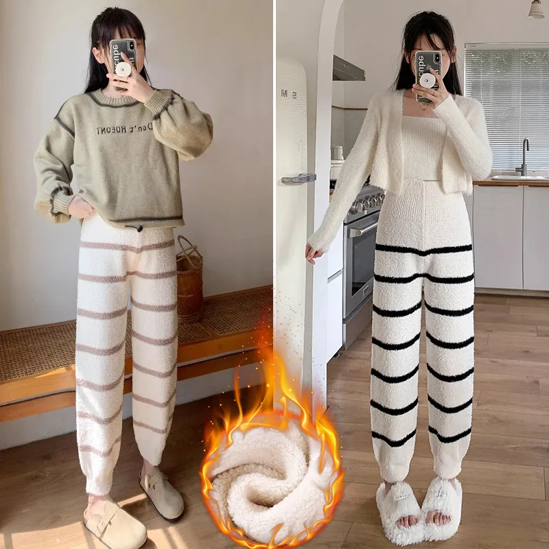 Pregnant Women Sleep Pants Half Fluffy Fleece Thickened Warm Maternity Trousers Home Leisure Long Pants Autumn Winter