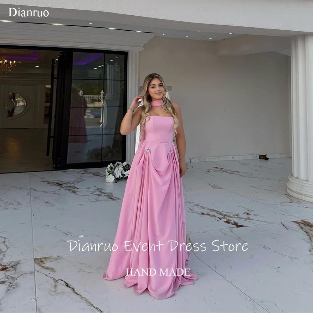 

Dianruo Floor Length A Line Evening Dresses Strapless Satin Wedding Guest Dresses Classy Ribbons Vestido De Novia Customized