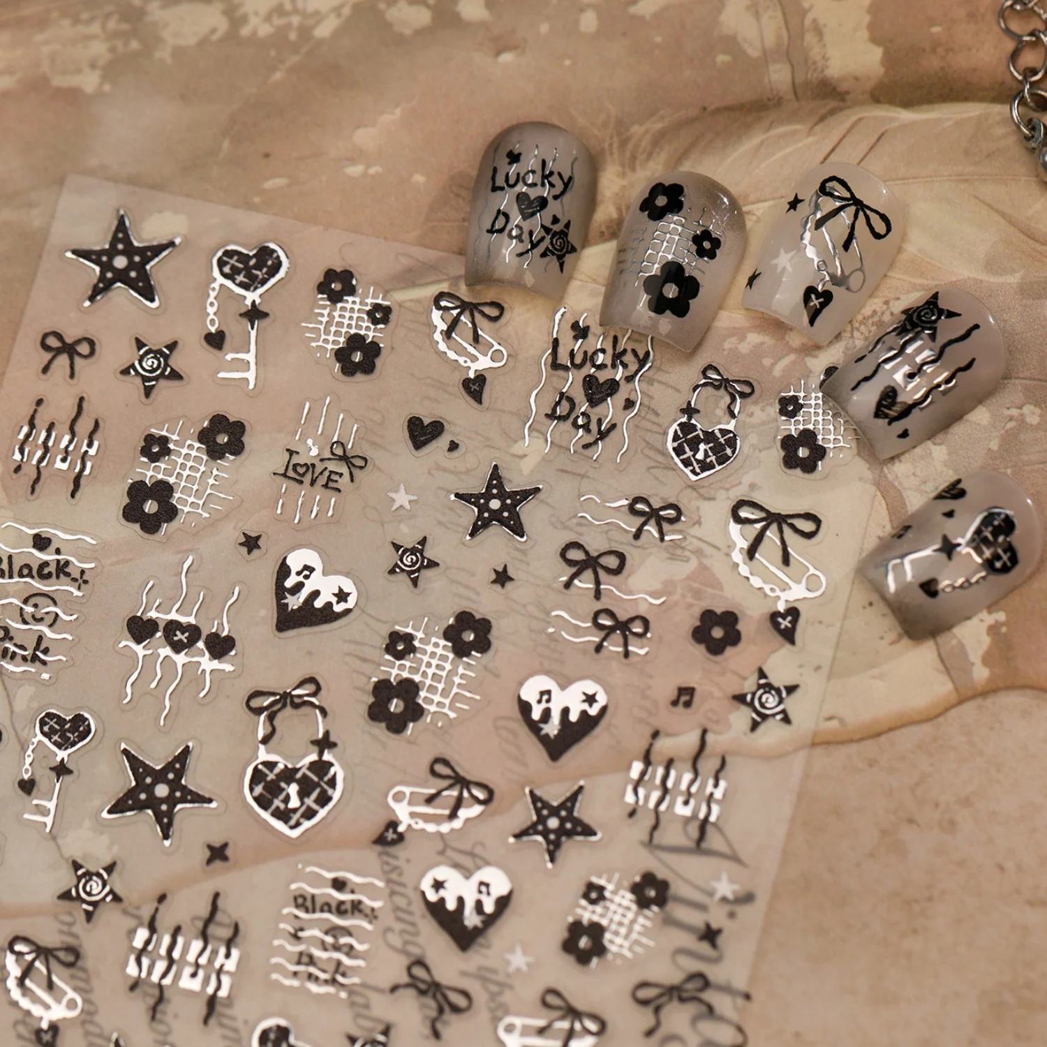 5D Black Silver Tone Sweet Punk Nail Decals Checkered Heart Star Five-point Star Bow Broken Flower Lace Nail Sticker Accessorie