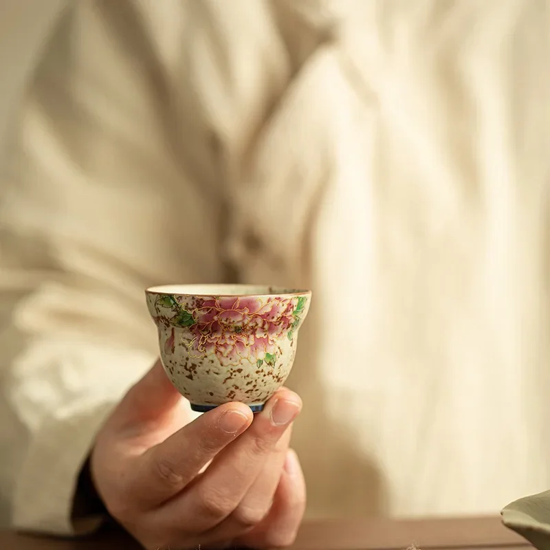 2PC 50ML Jingdezhen Golden Silk Peony Blue and White Flint Red Teacup Gourd Master Cup Ceramic TeaSet Exquisite TeaCup Gift