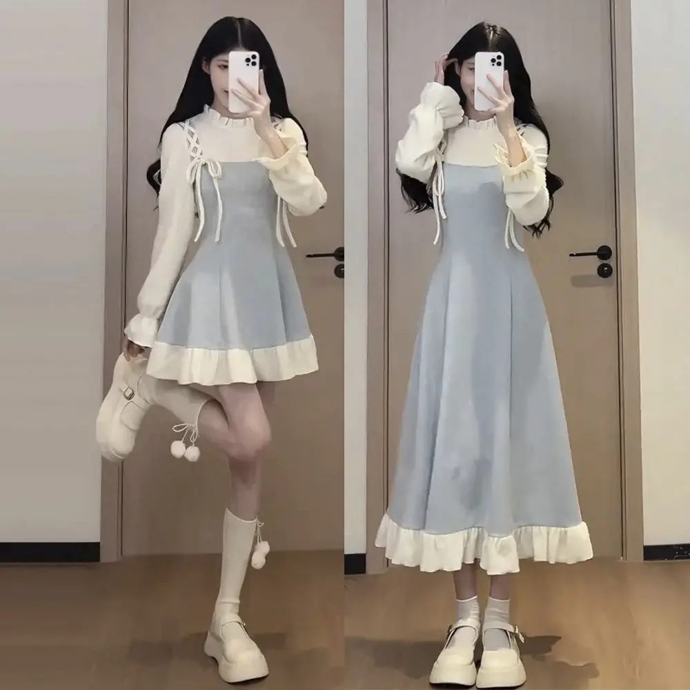 2025 New Sweet Short Dress Autumn Winter Waist Cinching Slim Niche Contrasting Color Splicing Fake Two-piece Set Dresses Women's