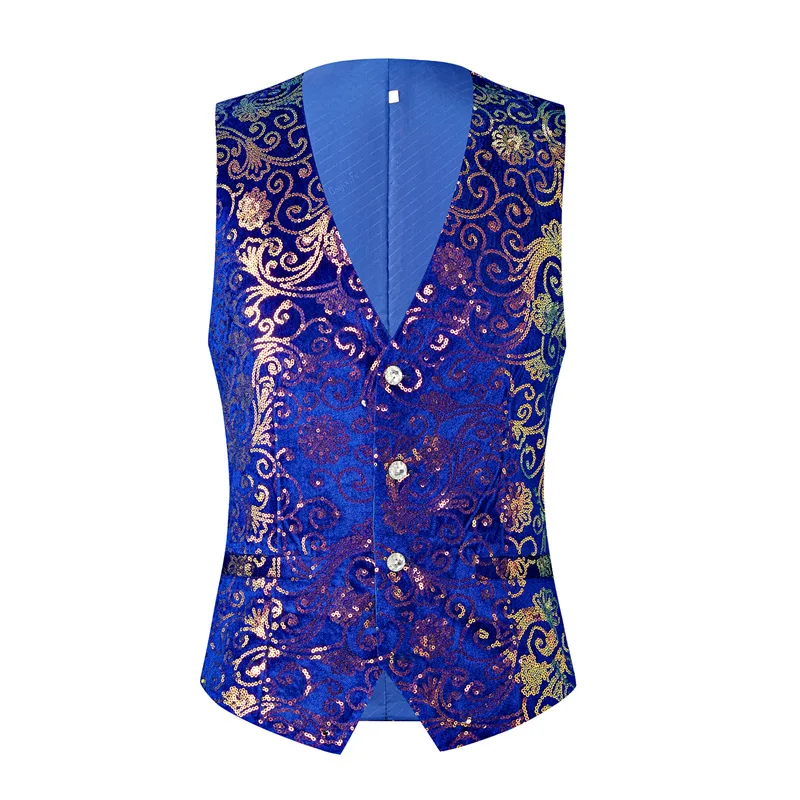 2024 New Black/blue Gradient Velvet Cloud Pattern Small Sequin V-neck Mens Vests, Host Singer Stage Dress Performance Waistcoat