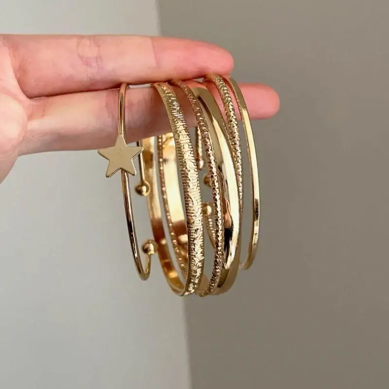 Gold Plated Stackable Bangle Set 5Pcs Star Accent Skin-friendly Women Daily Outfit Jewelry Gift for Mom