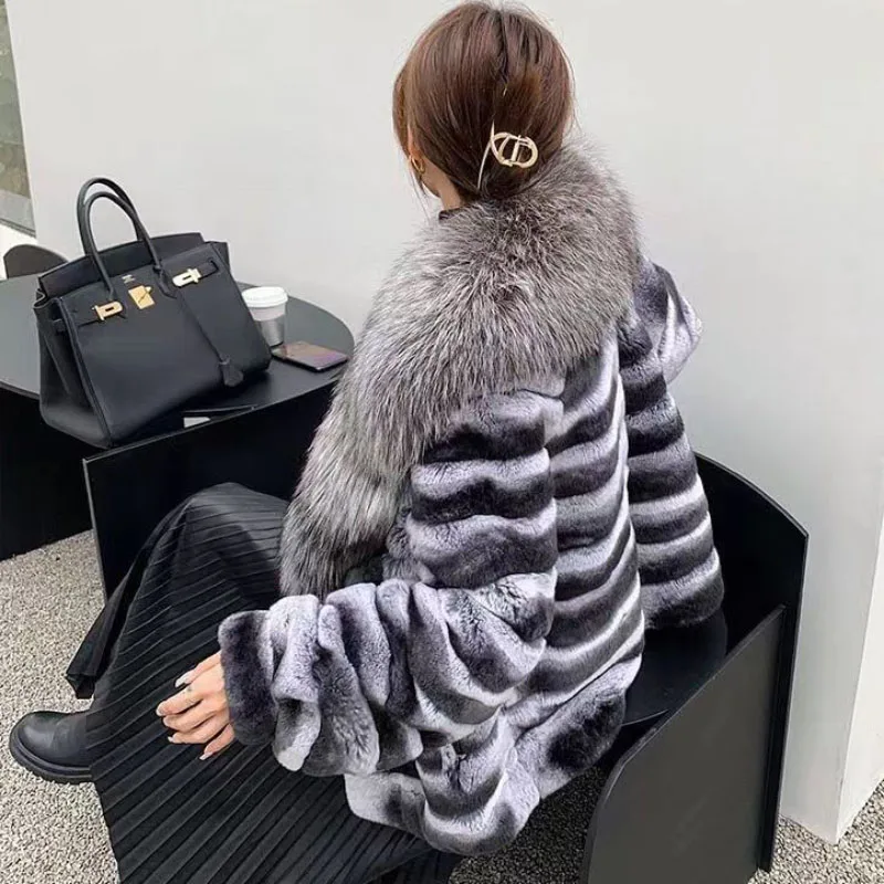 Autumn Winter Rex Rabbit Fur Jacket Women Overcoat Loose Luxury Silver Fox Fur Thick Warm Parker Coat Fur Collar Mao Mao Clothes