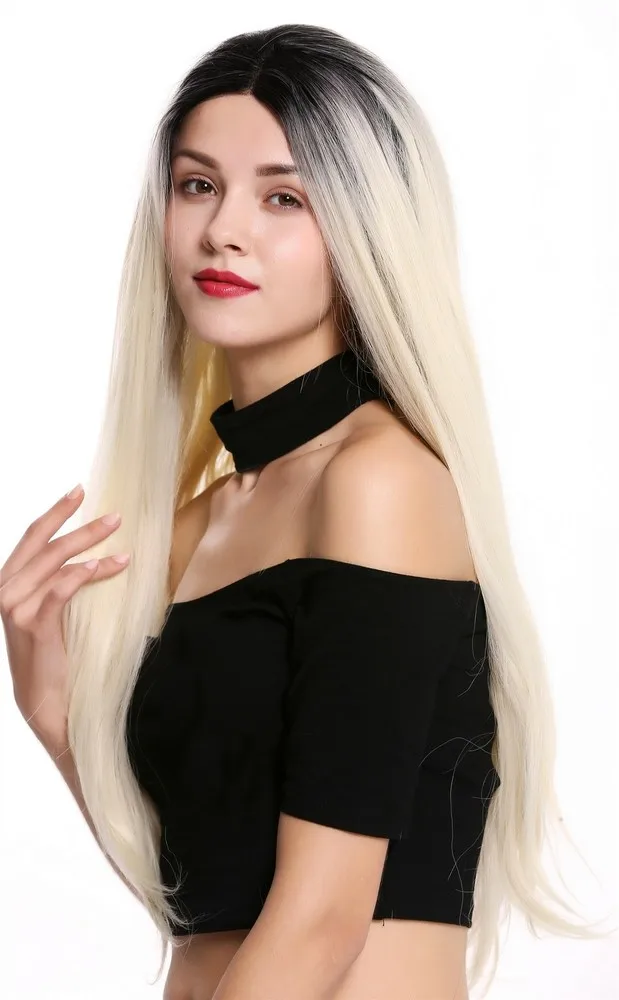 Peruca feminina renda frontal monofilamento separação longa reta ombre preto loiro