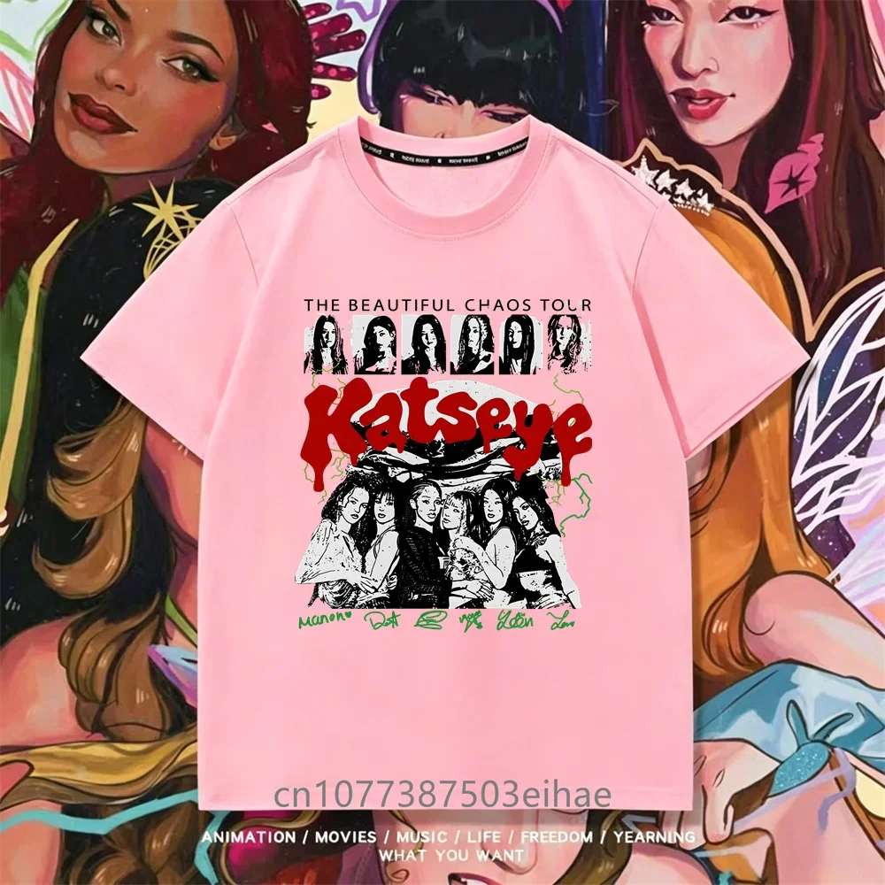 Cute KATSEYE Korean Pop Printed Girls T-shirt Member Portrait Lettering Design Breathable Short Sleeve Daily Fashion Casual Top