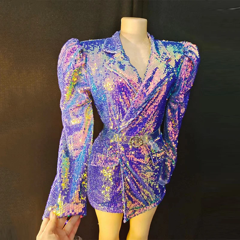 Sänger Tänzer Bühne Kostüm Weibliche Glänzende Lila Pailletten Jacke Nachtclub Gogo Tänzer Outfit Party Rave Festival Kleidung yj035