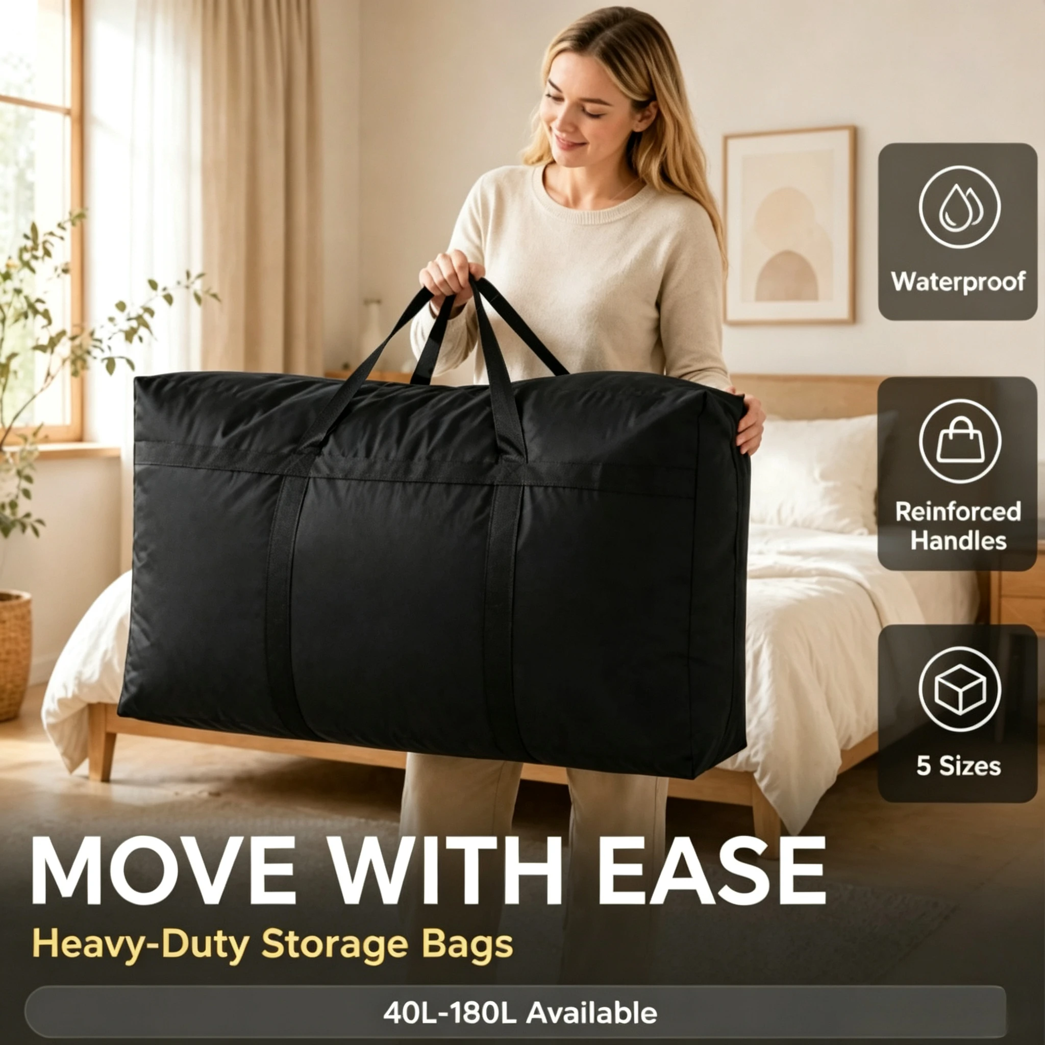 40L-180L Extra Large Oxford Cloth Storage Bags Waterproof Moving Totes Foldable with Handles for Clothes Blankets Quilt Dorm