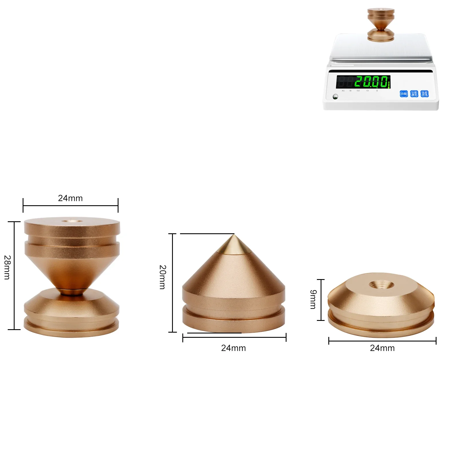 

High-Quality Shock-Absorbing Aluminum Alloy Speaker Spikes with Brass Tips - 20mm Nail, 24mm Pad, 28mm T