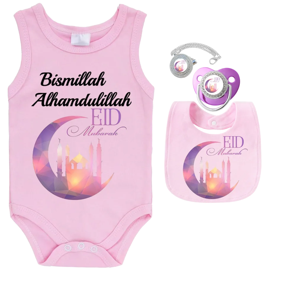 Popular Kawaii Muslim Printed Infant Pacifier Premium Cotton Baby Romper Outfit Quick Dry Drool Bib Versatile Baby Clothes Set