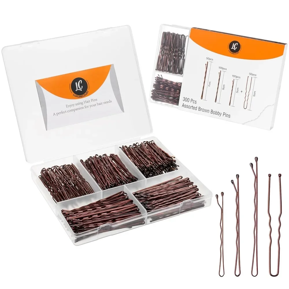 

300 Pack Brown Bobby Pins Set by Luxurecourt, 3 Assorted Sizes of Large and Small Premium Bobby Pins + Regular Size U Shaped
