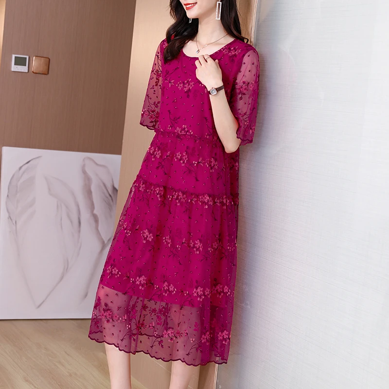 Summer Purple Mesh Embroidery Hollow Out Sexy Midi Dress Women Kroean Vintage Loose Waist Dress 2024 Elegant Casual Party Dress