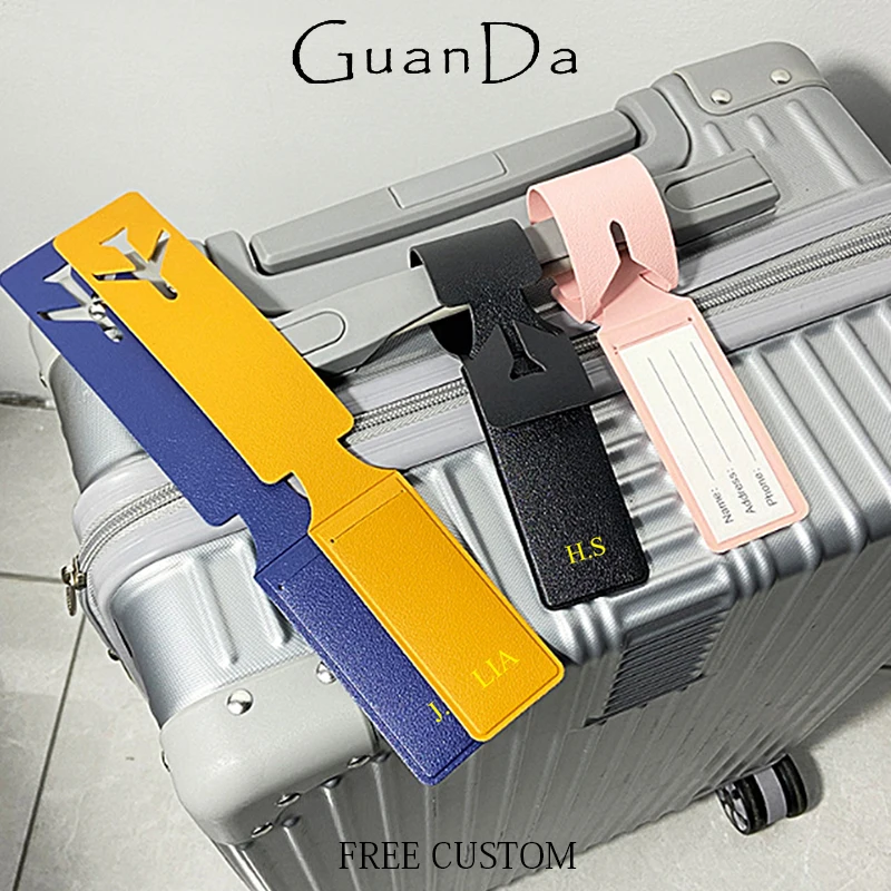 Custom Company Logo Long Luggage Tag Travel PU Leather Portable Airplane Suitcase Label Wholesale Name Tel Message Card Holder