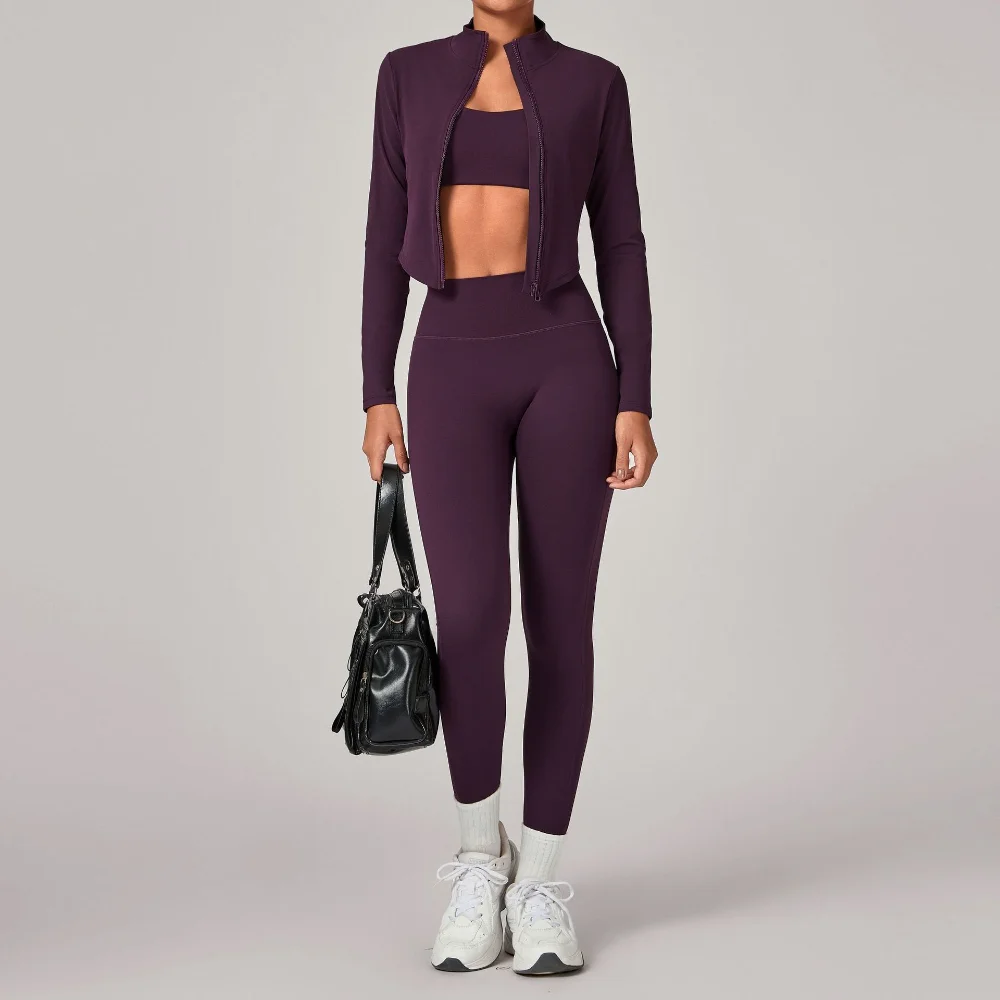 3pcs Yoga Set Women's Fitness Set Stand Up Collar Zipper Slim Fit Jacket Shockproof Underwear High Waist Leggings Sportswear