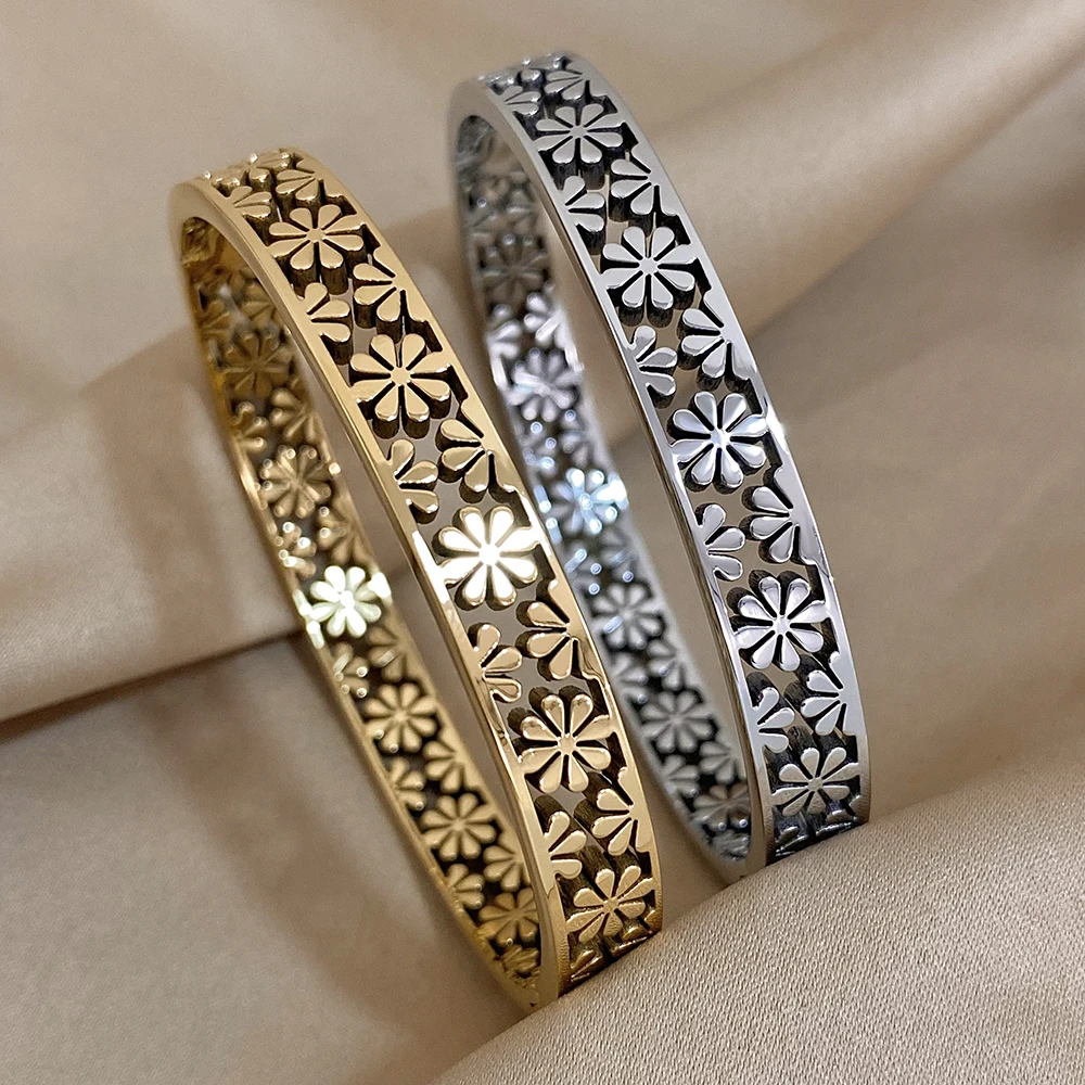 Greatera Stainless Steel Hollow Daisy Flower Cuff Bracelet Bangles for Women Gold Plated Floral Bracelets Waterproof Jewelry