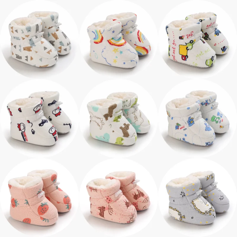Baby Learning Walk Shoes 0‑1 Year Old, Cartoon Print Plush Warm Winter Booties, Soft Crib Shoes for Newborn Boys Girls