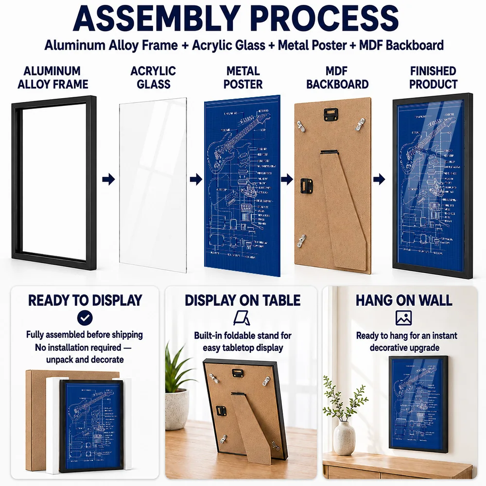 Electric Guitar Blueprint Framed Aluminum Metal Poster Customized Photo Drafting Style Wall Art For Study Unique Engineer Gift
