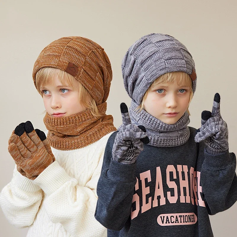 Conjunto de gorro y bufanda para niños y niñas, protección cálida para los oídos, gorro de punto de felpa, bufanda de redecilla, guantes para niños,