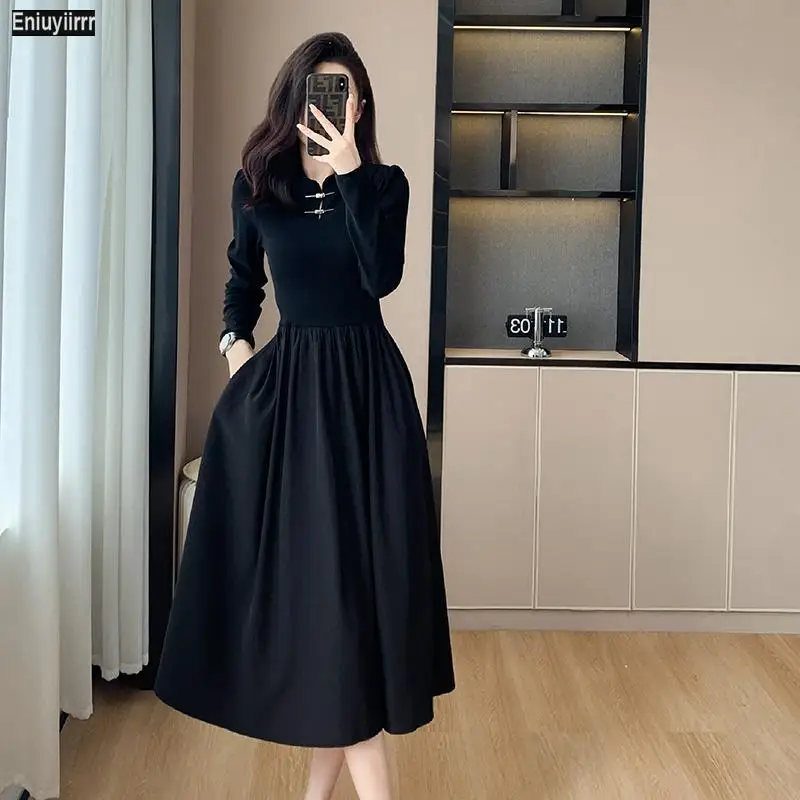 Französisch Design lange Kleider neue Mode feminine Vestidos Frauen Design europäischen Stil Retro Vintage eine Linie schwarz Kleid