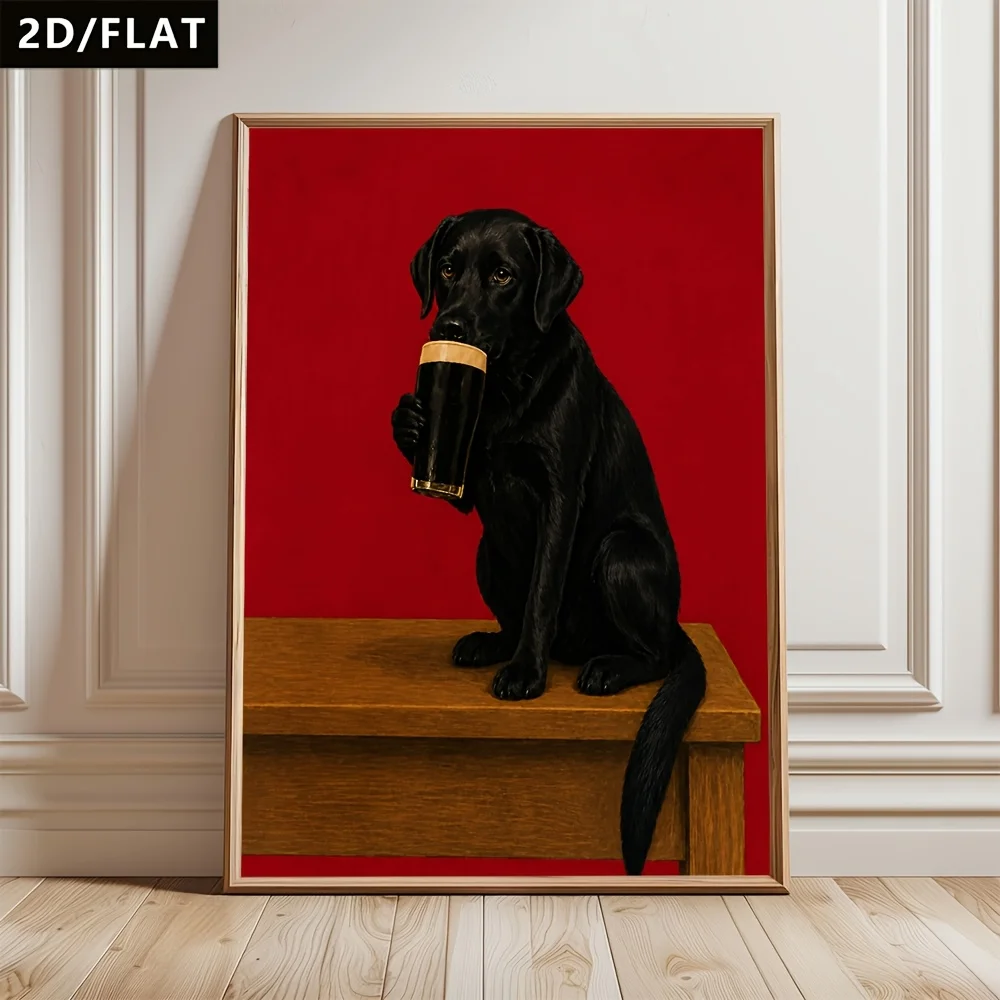 2D Flat, 1pc Black Labrador Retriever Poster - Retro Abstract Dog Drinking Water Art, Suitable for Bar Cafe Wall Decor, Matte