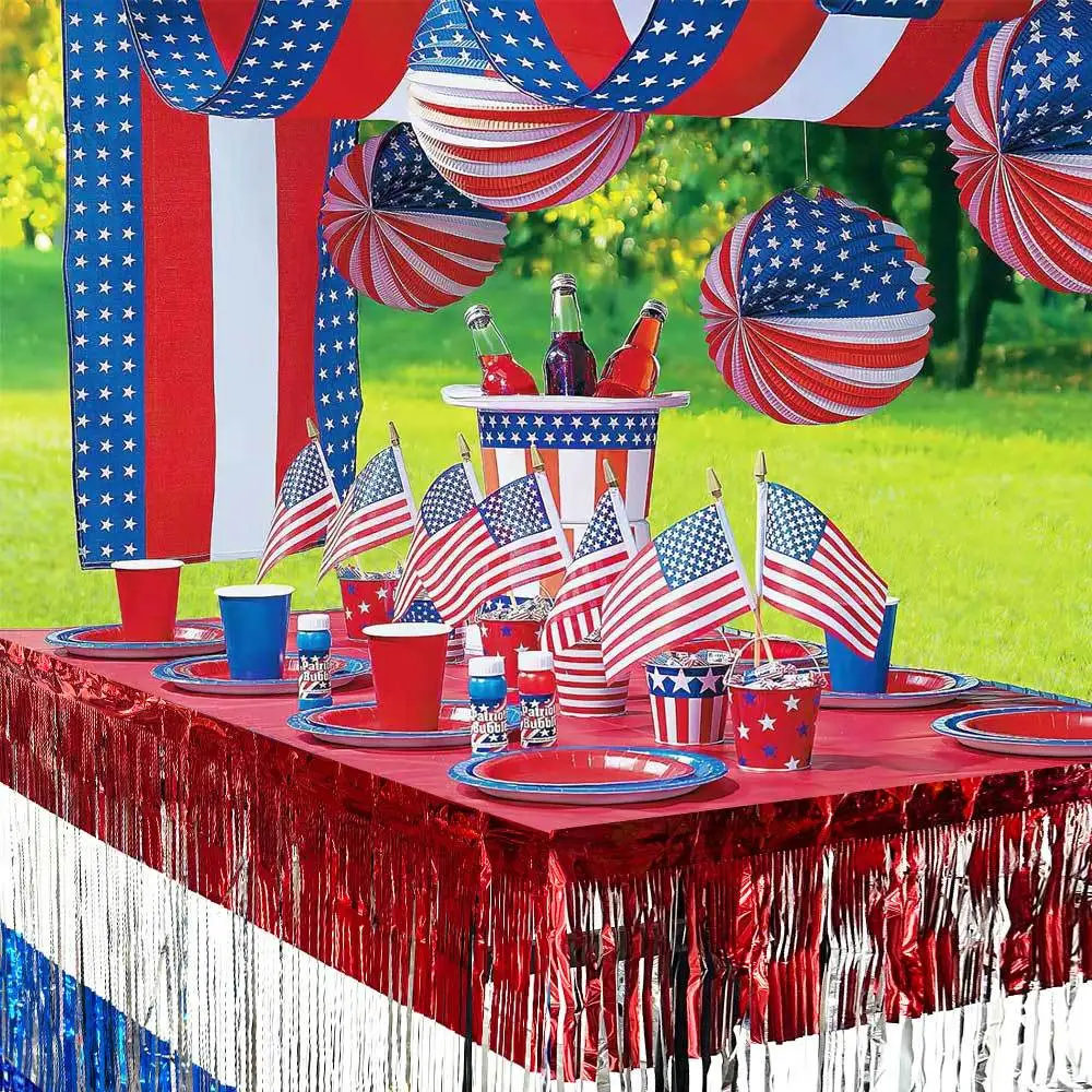 Rainbow Fringe Tassel Table Skirt, Red White Blue Streamer Table Surround for Home Party Decor Photo Props