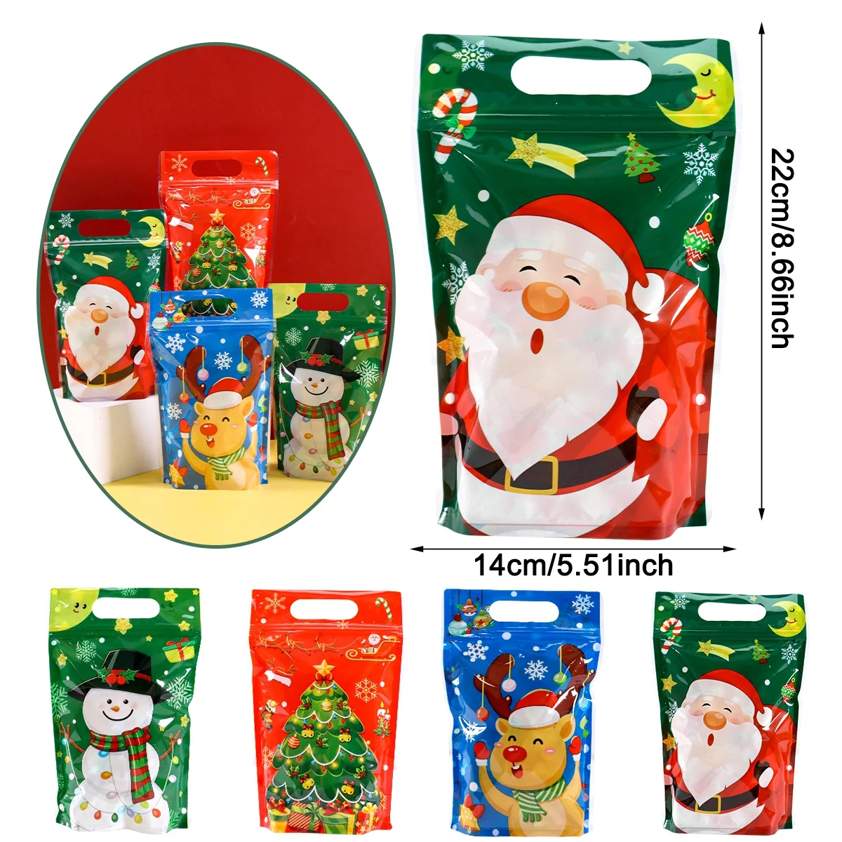 10/20 Stück Frohe Weihnachten Geschenktüten, niedliche Weihnachtsmann- und Weihnachtsbaum-Motiv, wiederverschließbare Leckerli-Beutel mit Reißverschluss, Neujahrs- und Weihnachtsdekoration für Zuhause – Detail 1