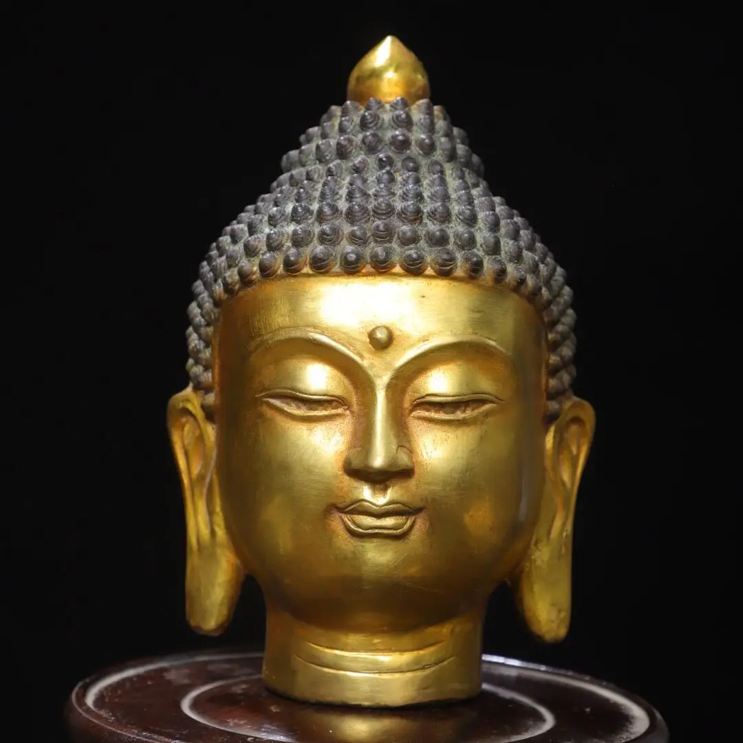 Gilded Copper Shakyamuni Buddha Head Sculpture Home Temple Desktop Decor Art Craft